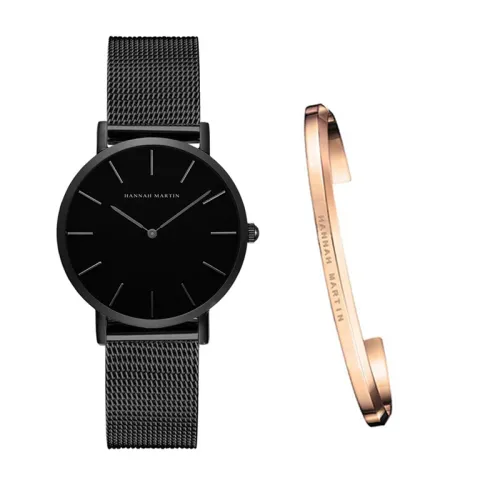 style: A Black - Japan Quartz Movement High Quality 36mm hannah Martin Women Stainless Steel Mesh Rose Gold Waterproof Ladies Watch