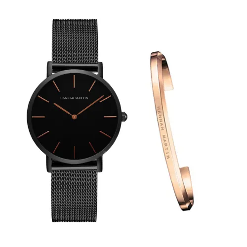 style: B Black - Japan Quartz Movement High Quality 36mm hannah Martin Women Stainless Steel Mesh Rose Gold Waterproof Ladies Watch