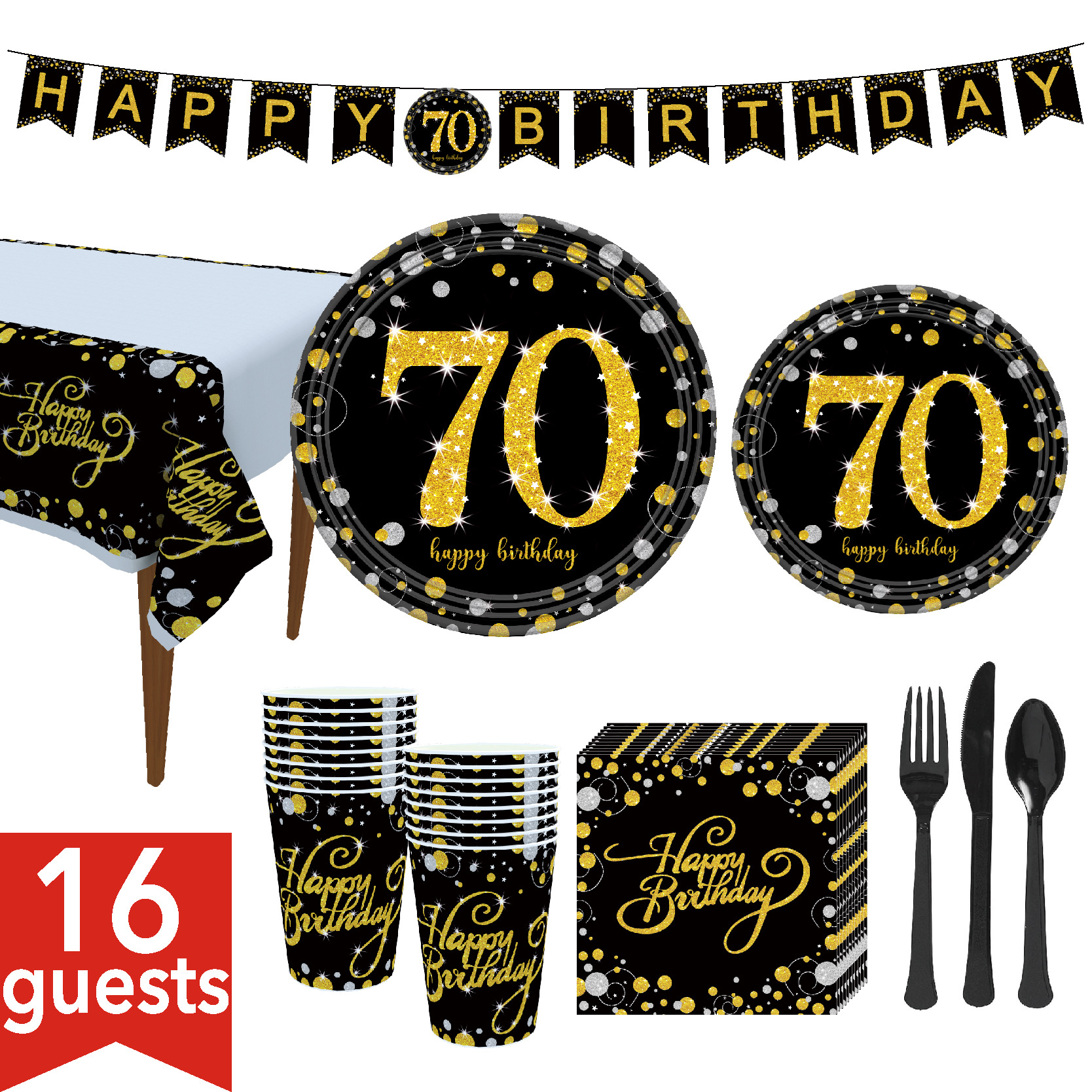 Black Gold Powder Gold 30 Years, 40 Years, 50 Years, 60 Years, 70 Years, 80 Years Birthday Party Set Decoration