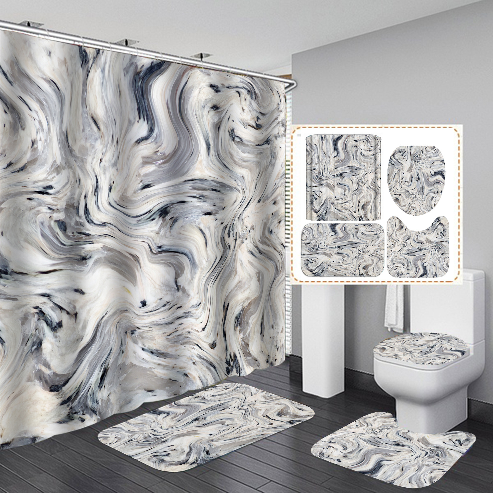 Marble White Shower Curtain Set With Non Slip Rug Bath Mat Carpet ...