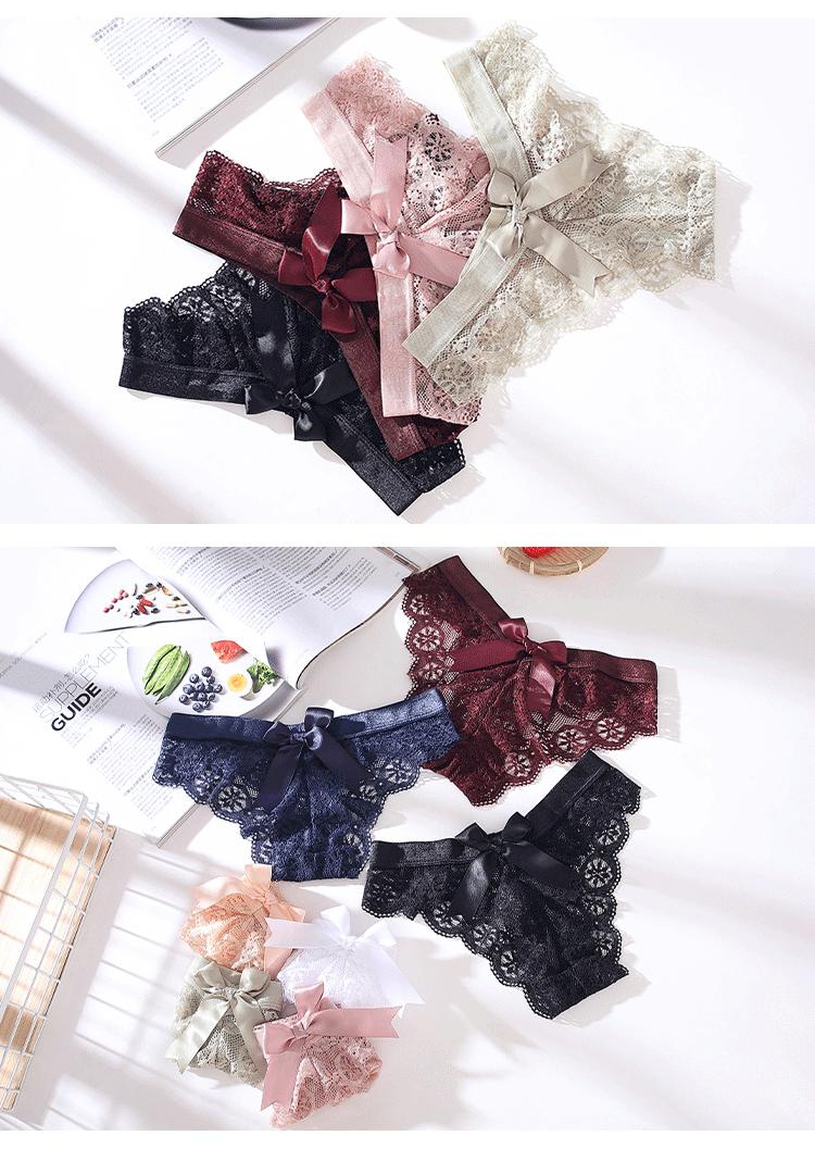Super Cute Lace Thong Transparent Hollow Briefs With Bow