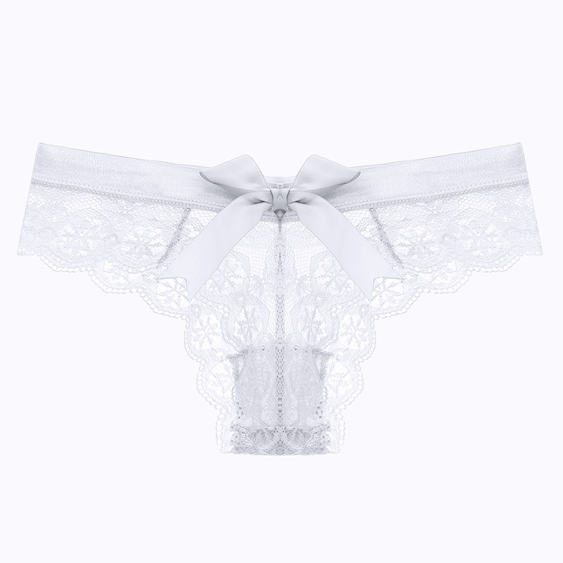 Super Cute Lace Thong Transparent Hollow Briefs With Bow white