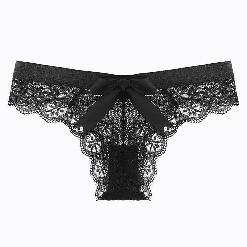 Super Cute Lace Thong Transparent Hollow Briefs With Bow Black
