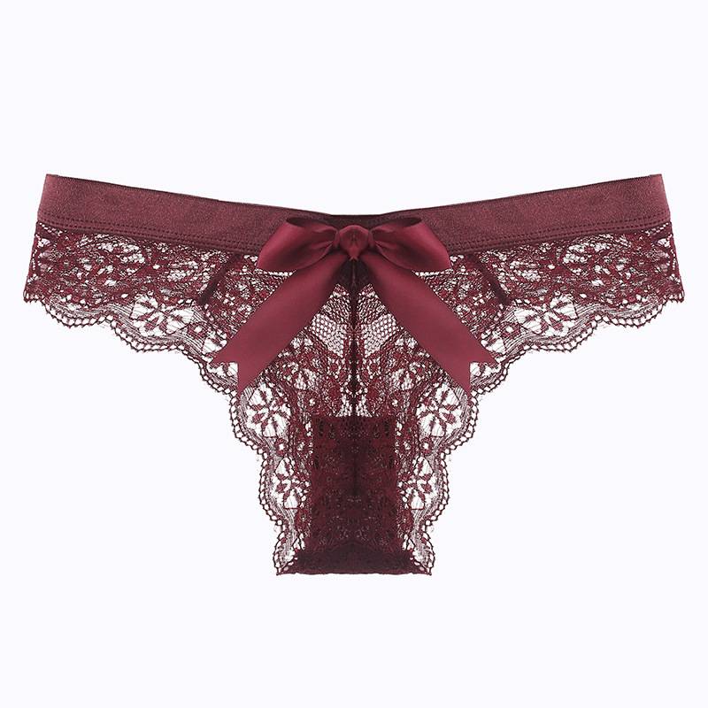 Super Cute Lace Thong Transparent Hollow Briefs With Bow WineRed