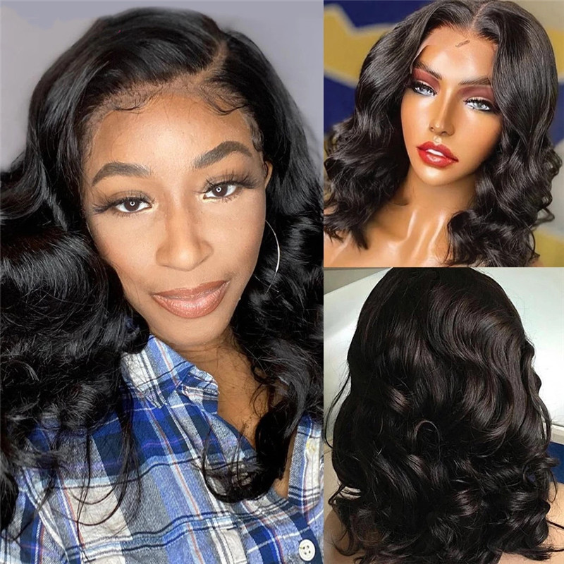 Black Body Wave Front Lace Short Curly Hair Wig 4x4