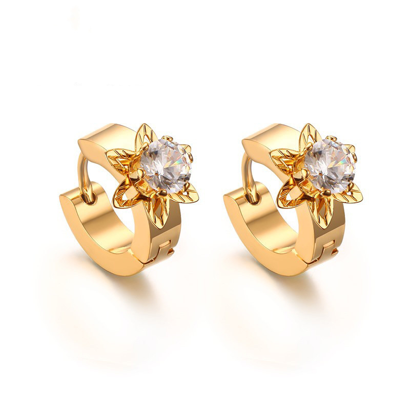 1622341892715 Accessories Stainless Steel Single Diamond Gold Earrings Korean Style Ladies Petal Earrings