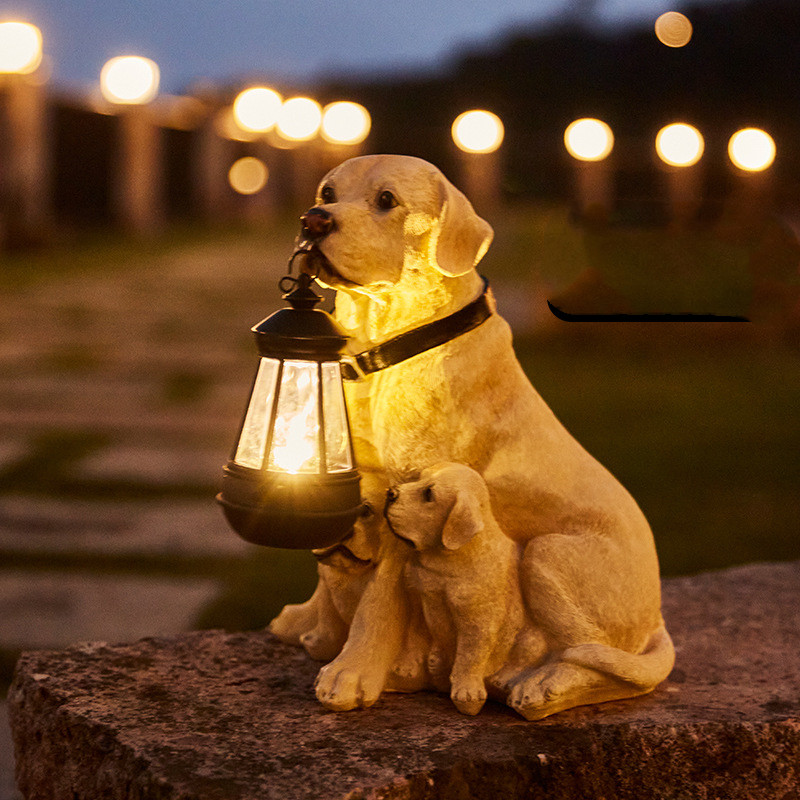 LED Solar Light Dog Lantern Sculpture Resin Craft Ornament Home Porch