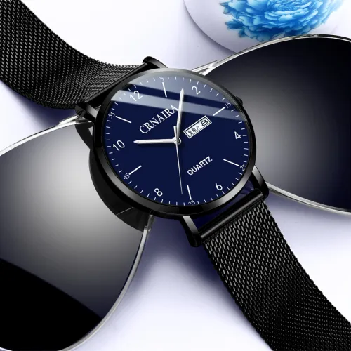 style: StyleJ - Crnaira New Cross-border Watch Men's Explosive Quartz Watch Fashion Source Manufacturer Men's Watch Mesh Black Steel Belt