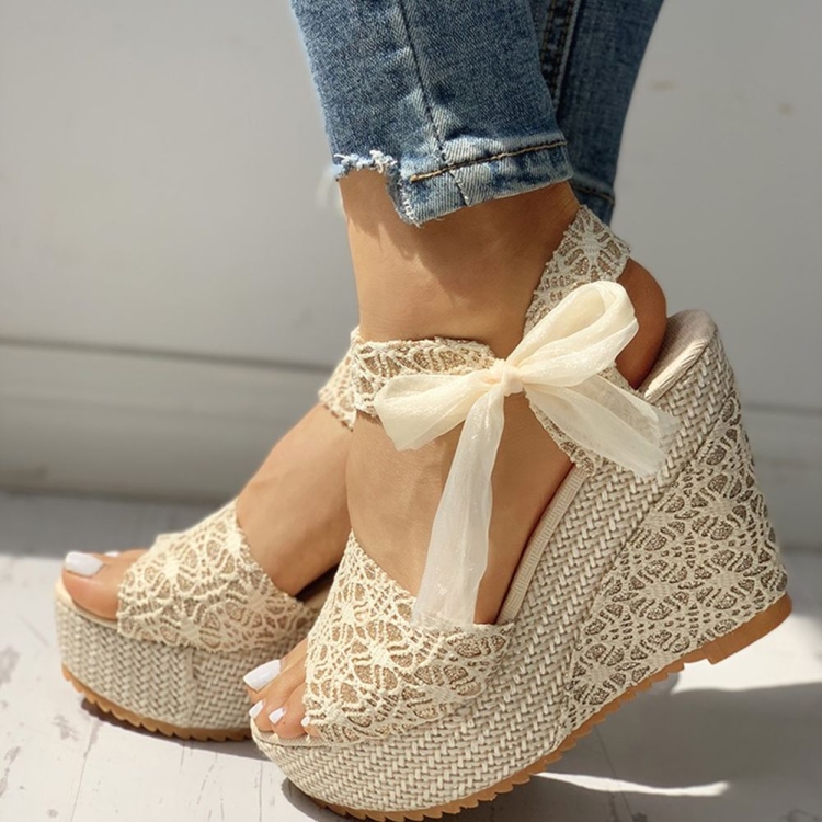 Ankle Strap Bow Decor Espadrille Wedge Sandals