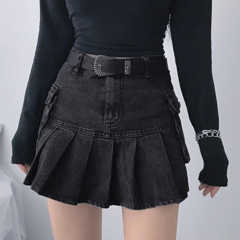Pocket Side Pleated Denim Skirt
