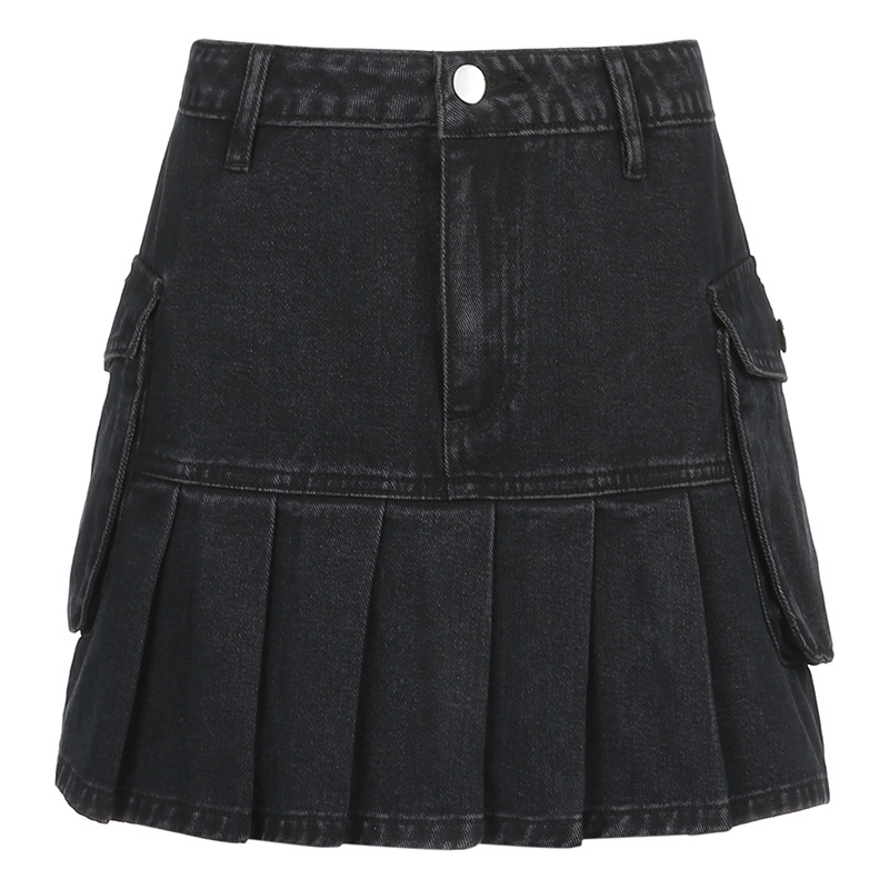 Pocket Side Pleated Denim Skirt