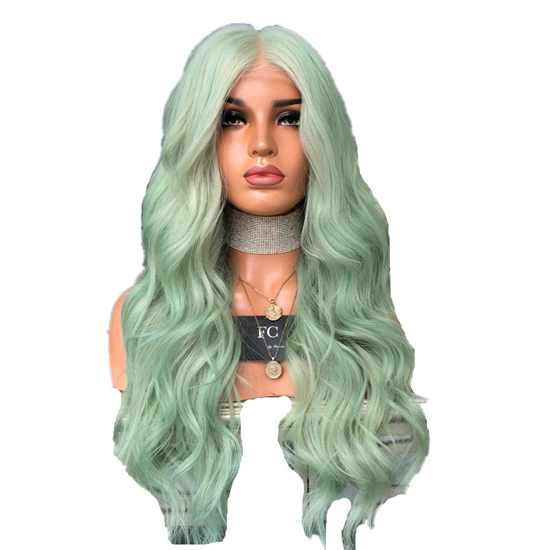 European And American Wigs For Women Green Mid-Length Curly Hair