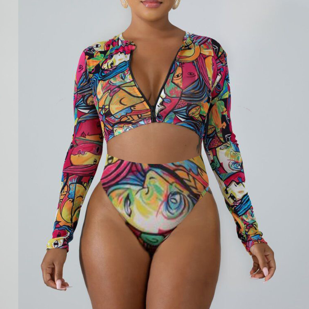 Printed Long Sleeve Swimsuit 