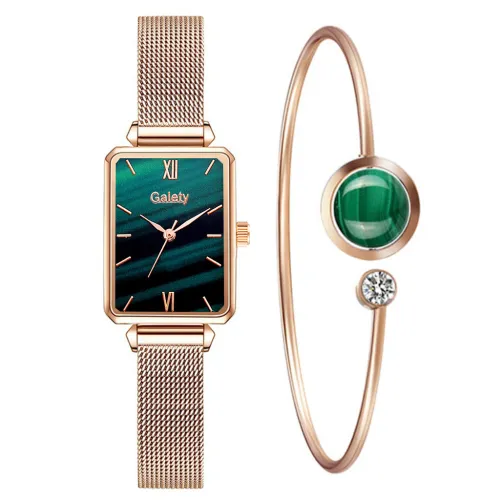 Color: Gold with green noodles, style: With bracelet - Women's Alloy Mesh Belt All-Match Quartz Watch