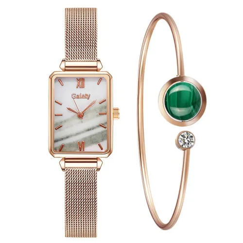 Color: Gold with white noodles, style: With bracelet - Women's Alloy Mesh Belt All-Match Quartz Watch