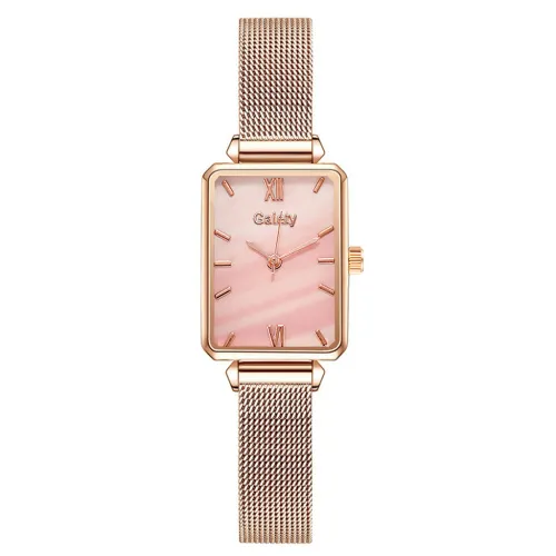 Color: Gold with pink noodles, style: Basics - Women's Alloy Mesh Belt All-Match Quartz Watch
