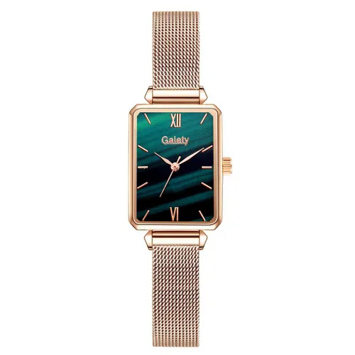 Color: Gold with green noodles, style: Basics - Women's Alloy Mesh Belt All-Match Quartz Watch