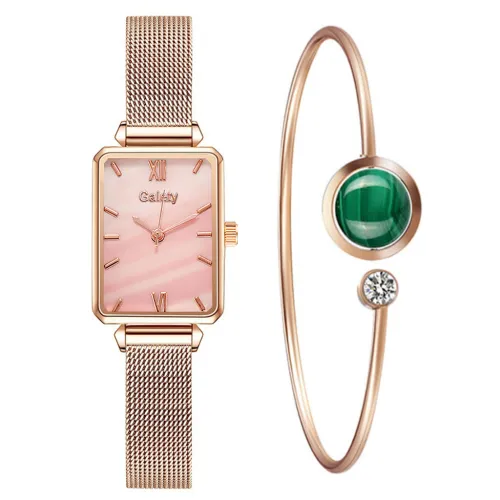 Color: Gold with pink noodles, style: With bracelet - Women's Alloy Mesh Belt All-Match Quartz Watch