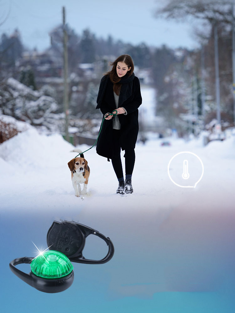 This LED light-up collar pendant is a small, battery-operated device that can be attached to a dog's collar or harness. It emits a bright and visible light that helps increase the dog's visibility during nighttime walks or in low-light conditions.