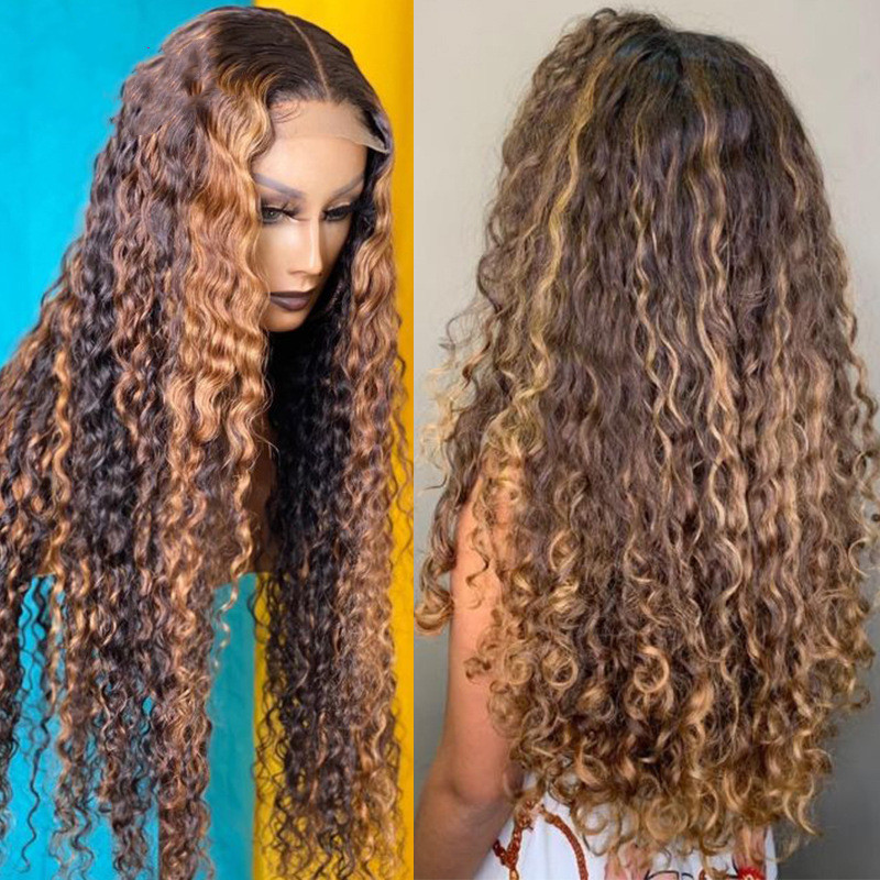 Human Hair Curly Deep Wave Lace Frontal Wig Piano-Color