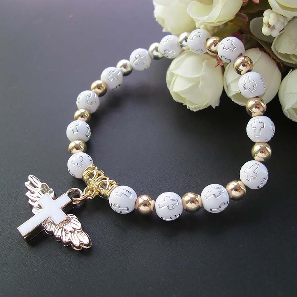 Bronzing Acrylic Cross Bead Bracelet Oil Drop Angel Cross Rosary Bracelet - Picture 7 of 7
