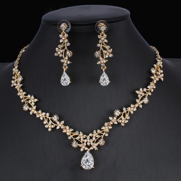 Golden Zircon Jewelry Set Bridal Necklace Earrings Wedding Two-piece Set—1