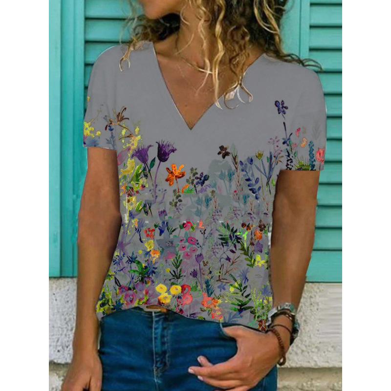 1624081055028 - Flower Print Casual V-Neck Short-Sleeved T-Shirt Women