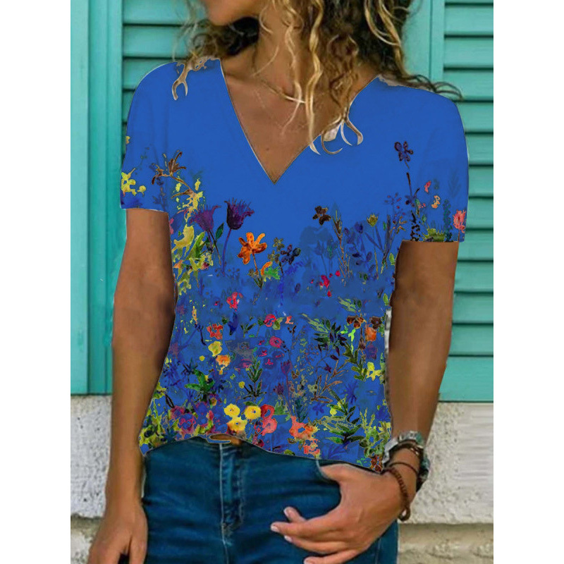 1624081055035 - Flower Print Casual V-Neck Short-Sleeved T-Shirt Women