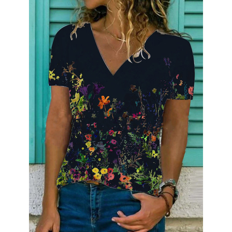 1624081055043 - Flower Print Casual V-Neck Short-Sleeved T-Shirt Women