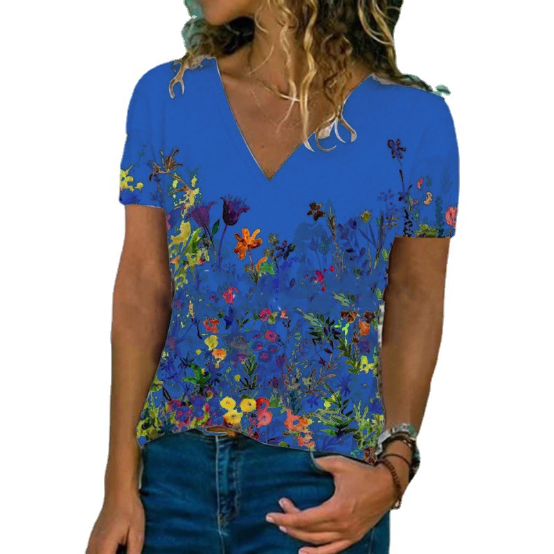 1624081055044 - Flower Print Casual V-Neck Short-Sleeved T-Shirt Women