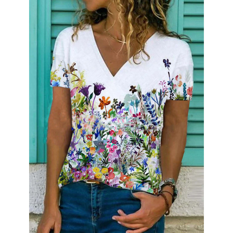 1624081055047 - Flower Print Casual V-Neck Short-Sleeved T-Shirt Women