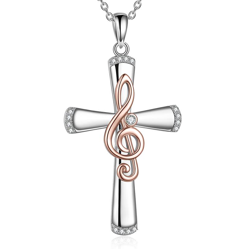 Musical Note Necklace Sterling Silver Religious Cross Pendant Necklace