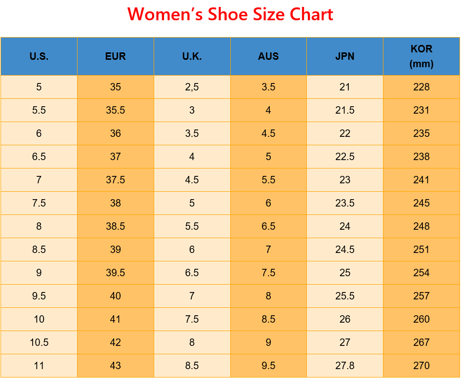 Tabla de tallas de calzado internacional para mujer para EE. UU., EUR, RU, AUS, JP, KOR y talla de calzado del Reino Unido para nosotros