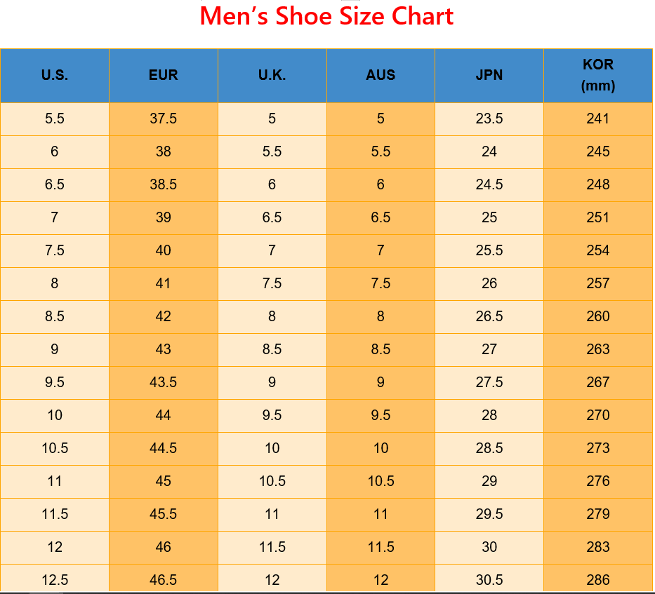 Printable Men's uk to us shoe size chart