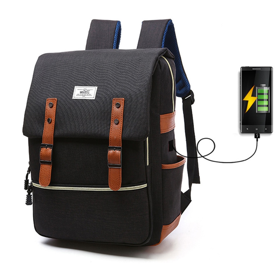 2018 Vintage Men Women Canvas Backpacks School Bags for Teenager Boys Girls Laptop Backpack with USB Charging Fashion Travel Bag (6)