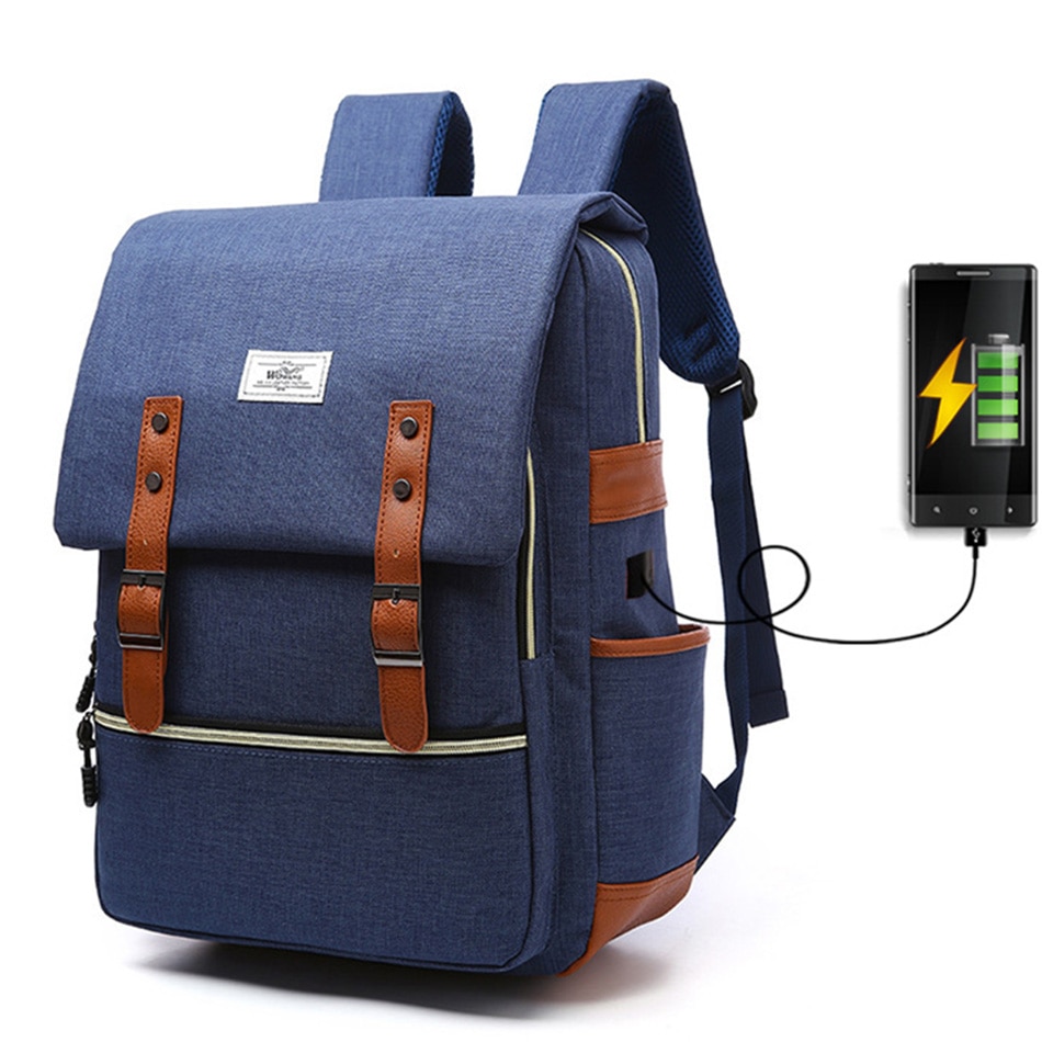 2018 Vintage Men Women Canvas Backpacks School Bags for Teenager Boys Girls Laptop Backpack with USB Charging Fashion Travel Bag (7)