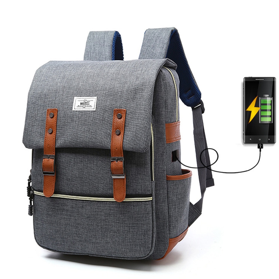 2018 Vintage Men Women Canvas Backpacks School Bags for Teenager Boys Girls Laptop Backpack with USB Charging Fashion Travel Bag (8)