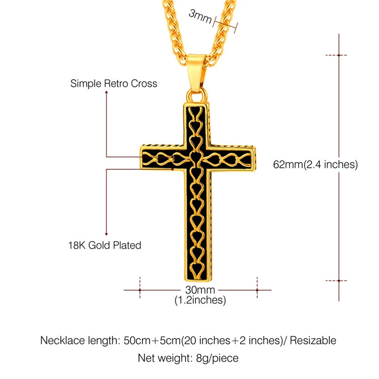 U7 316L stainless steel gold plated christianity jewelry unique black mens vintage cross necklace with chain