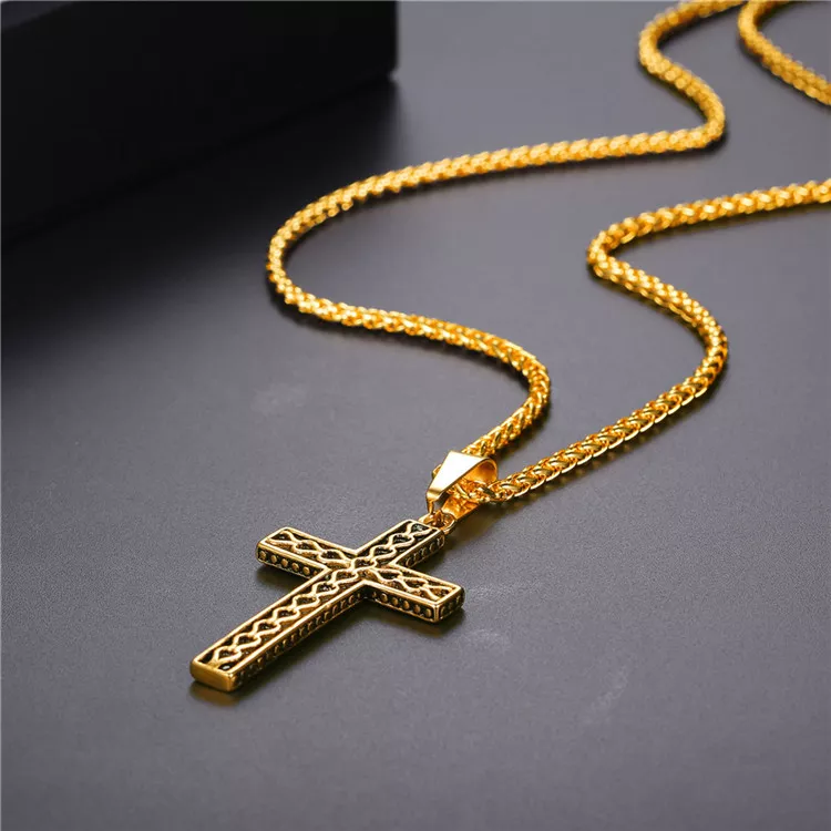 U7 316L stainless steel gold plated christianity jewelry unique black mens vintage cross necklace with chain