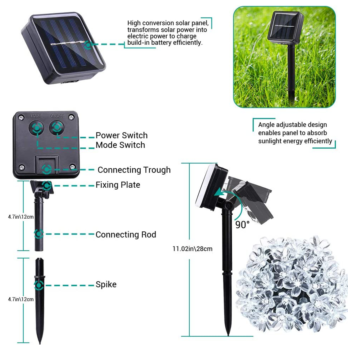 5/6.5/7/12M Solar LED String Christmas Blossom Lights Party Lamp 8 Mode