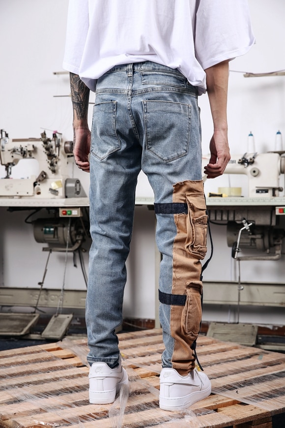 Stitching jeans men's bottom zipper jeans