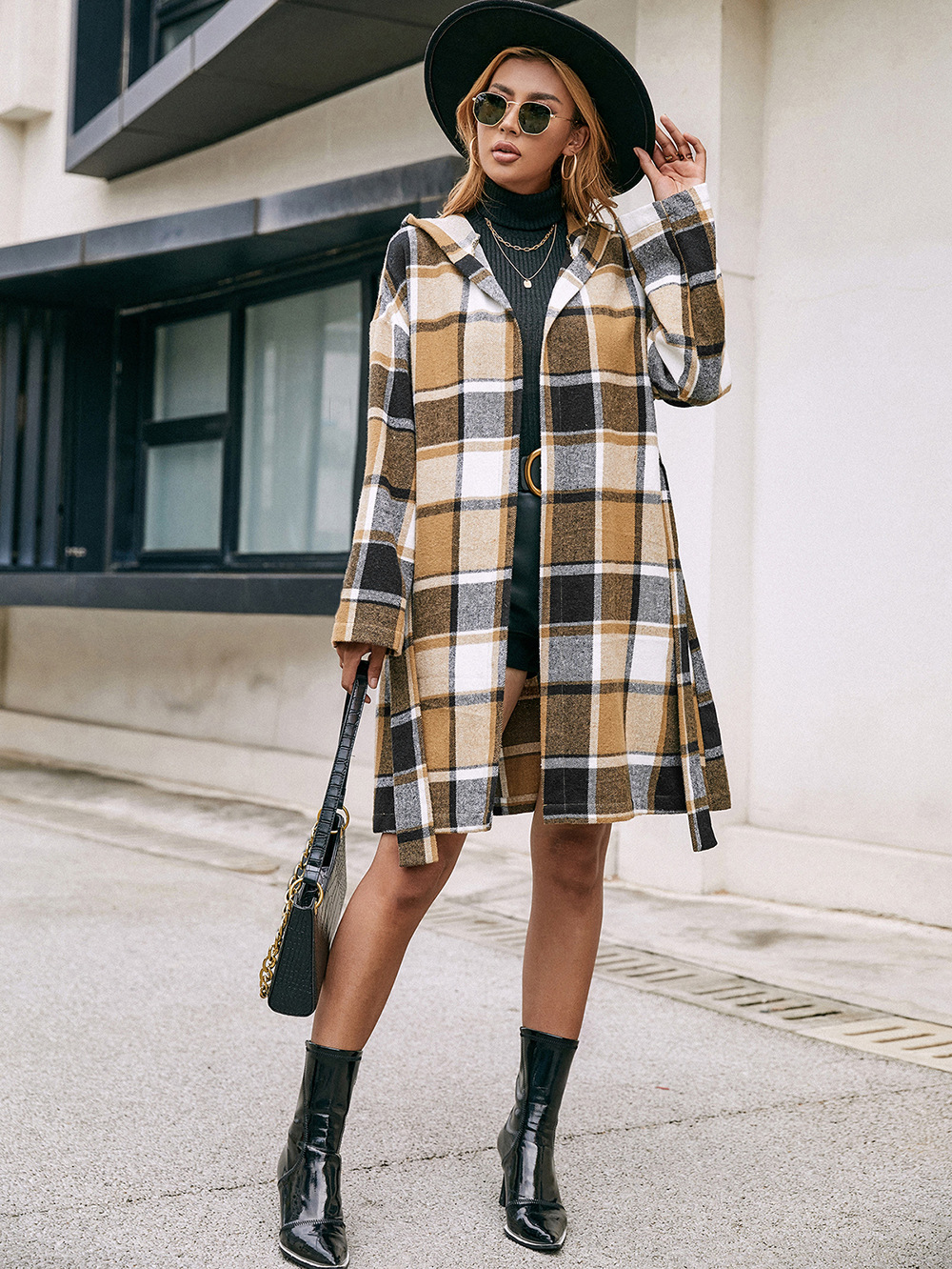 Loose Casual Checked Midi Belted Hooded Trench Coat shopper-ever.myshopify.com