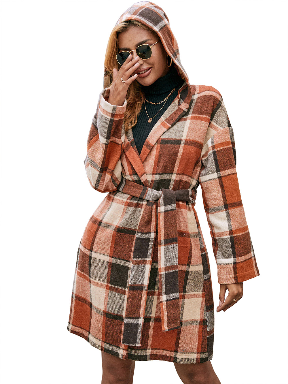 Loose Casual Checked Midi Belted Hooded Trench Coat shopper-ever.myshopify.com