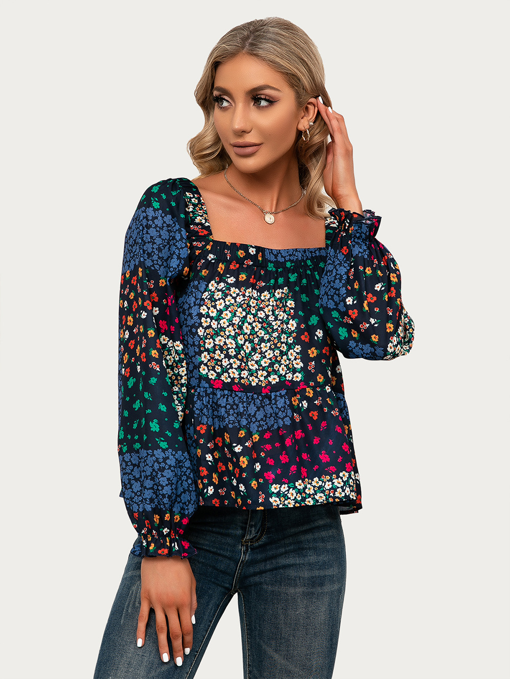 Square Neck Ruffle Sleeve Small Floral Casual Shirt Top shopper-ever.myshopify.com