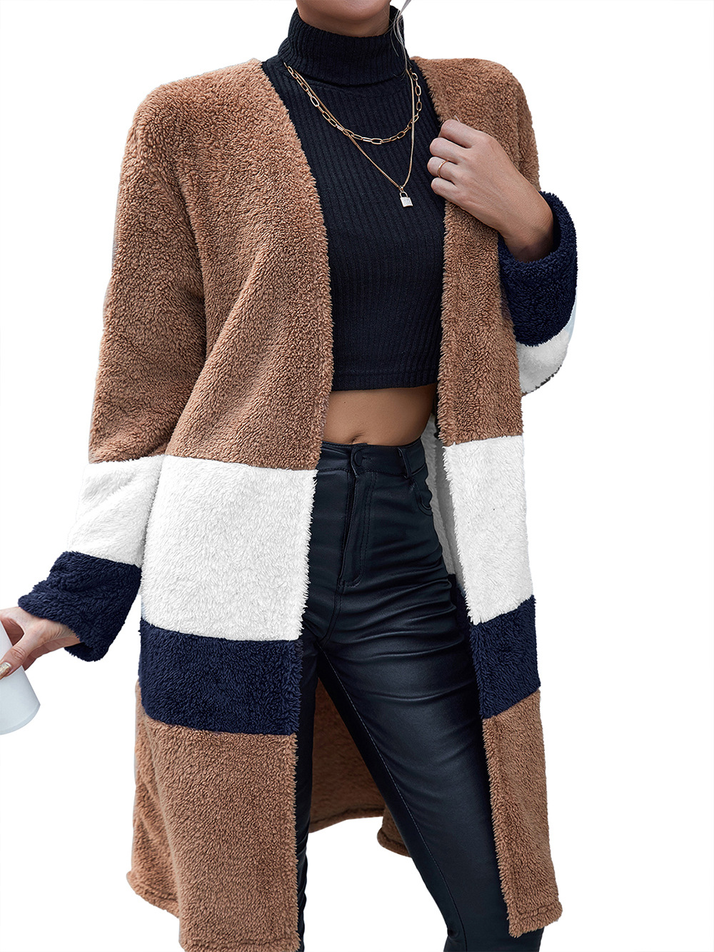 Double Sided Fur Color Block Mid-length Cardigan Trench Coat shopper-ever.myshopify.com