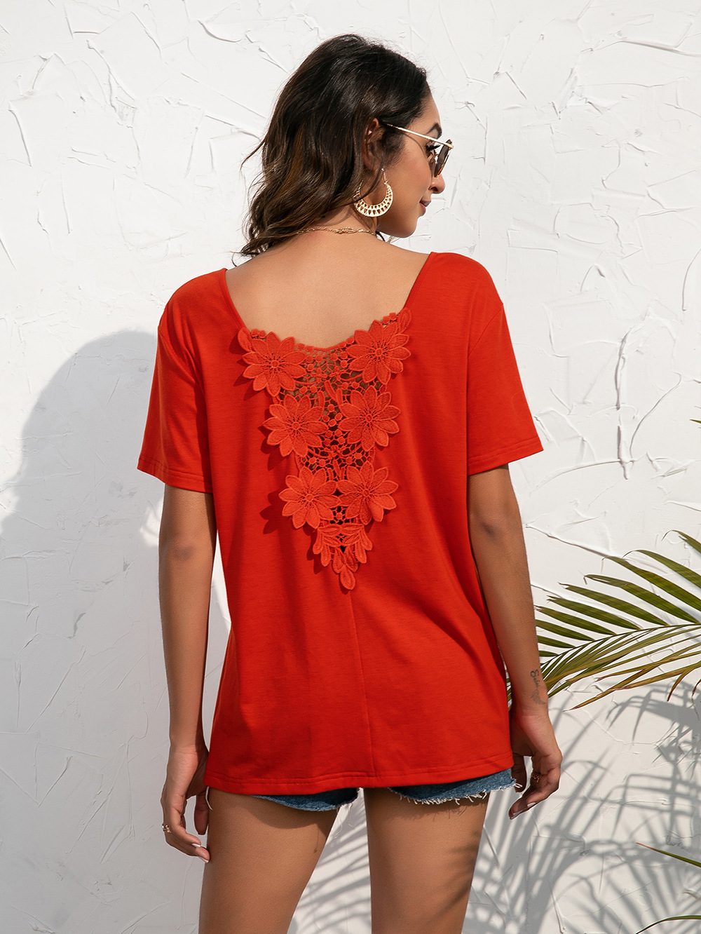 Casual Lace Panel V-Neck Pullover Short Sleeve T-Shirt shopper-ever.myshopify.com