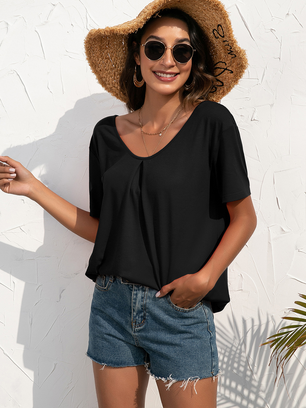Casual Lace Panel V-Neck Pullover Short Sleeve T-Shirt shopper-ever.myshopify.com