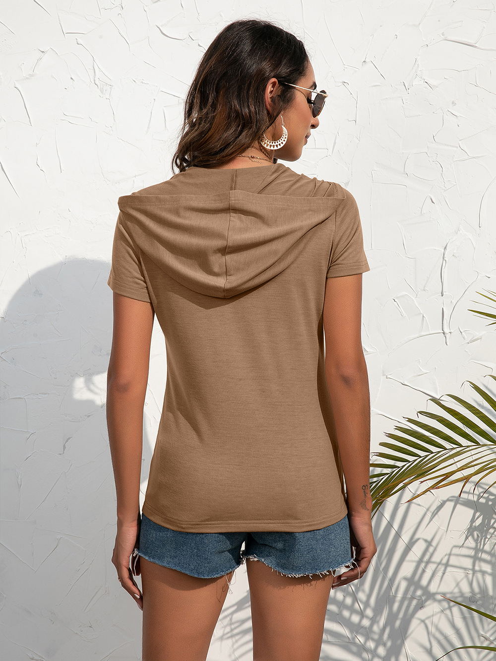 Solid Pocket Zip Short Sleeve Hooded Knit T-Shirt shopper-ever.myshopify.com