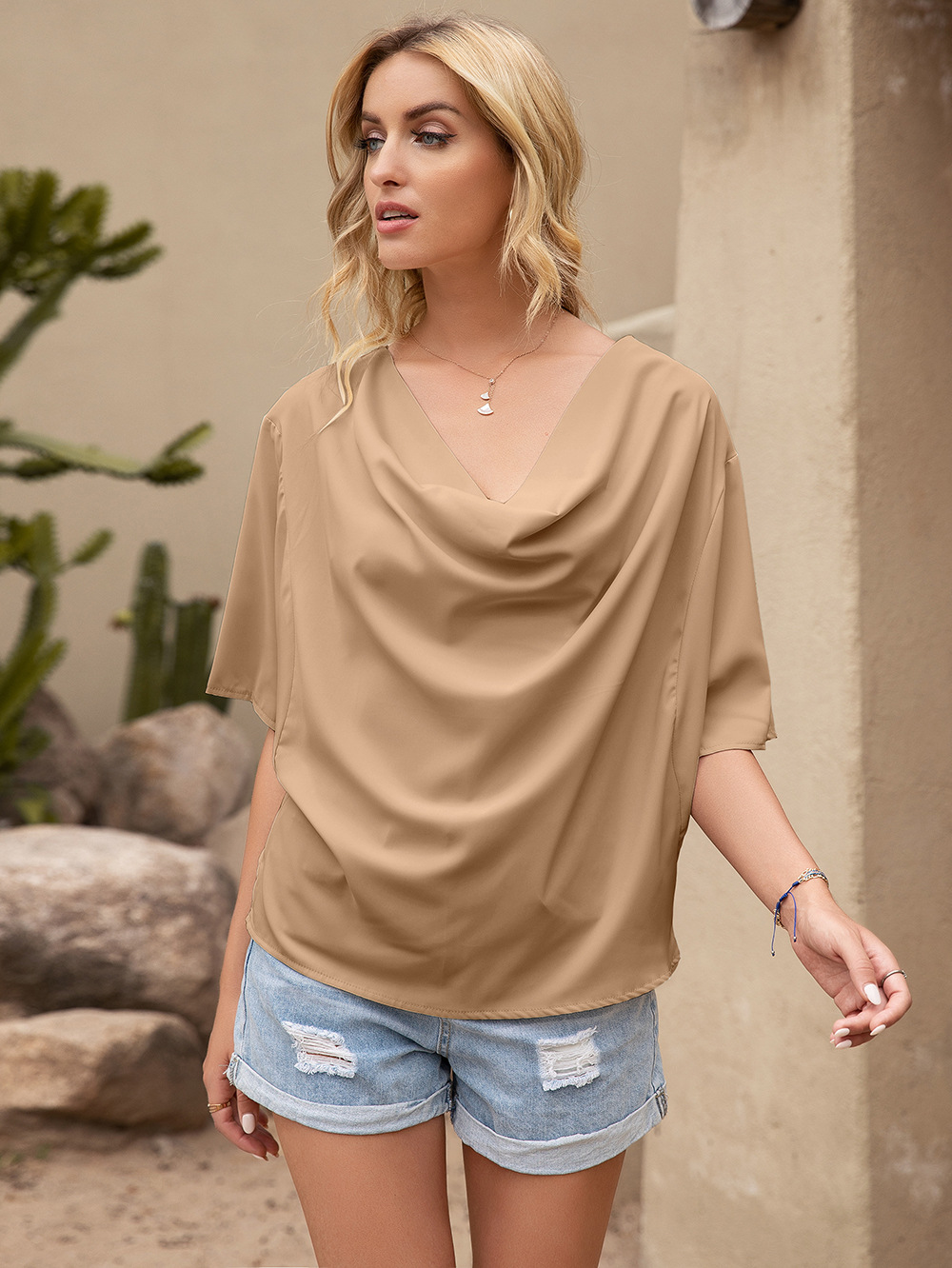 Women's Pleated Draped Solid V-Neck Short Sleeve Loose Top shopper-ever.myshopify.com