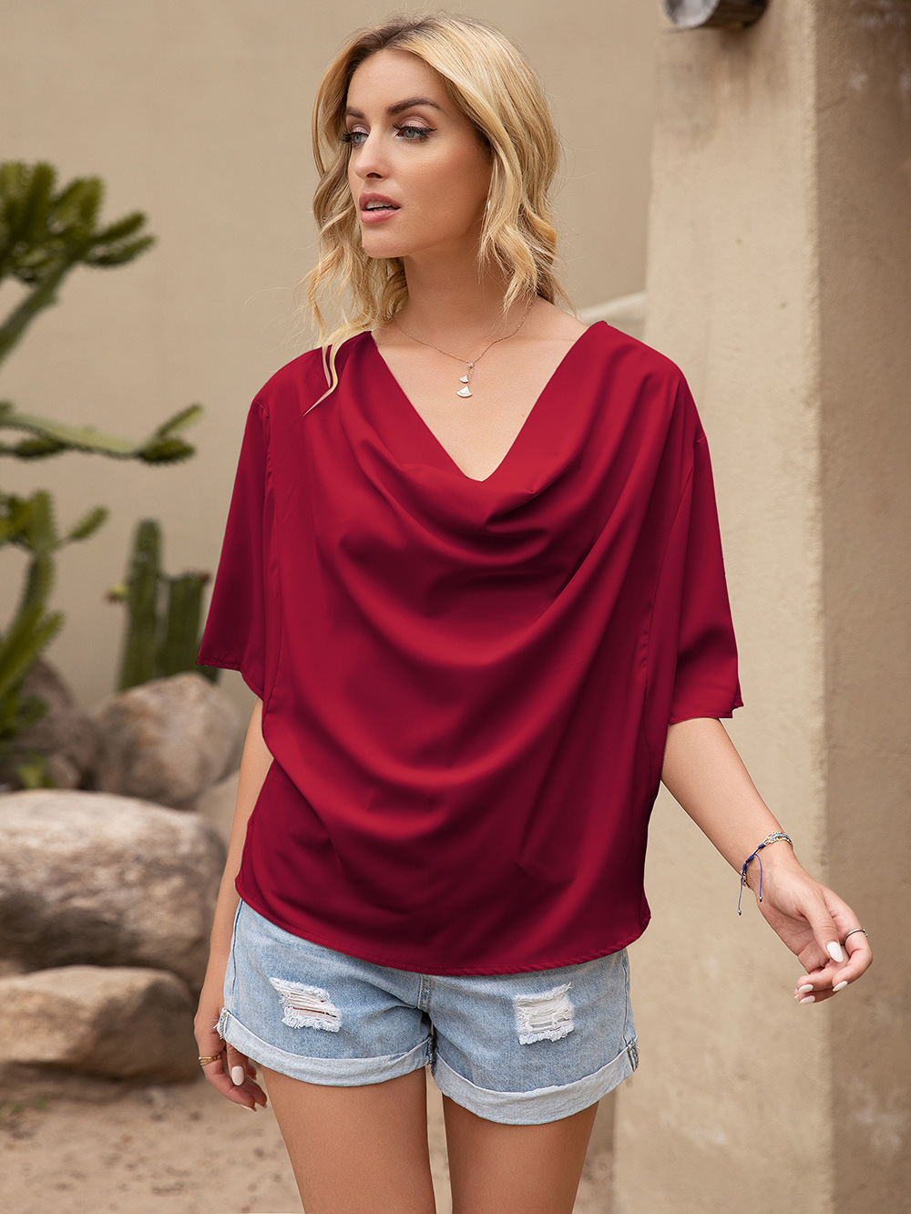 Women's Pleated Draped Solid V-Neck Short Sleeve Loose Top shopper-ever.myshopify.com